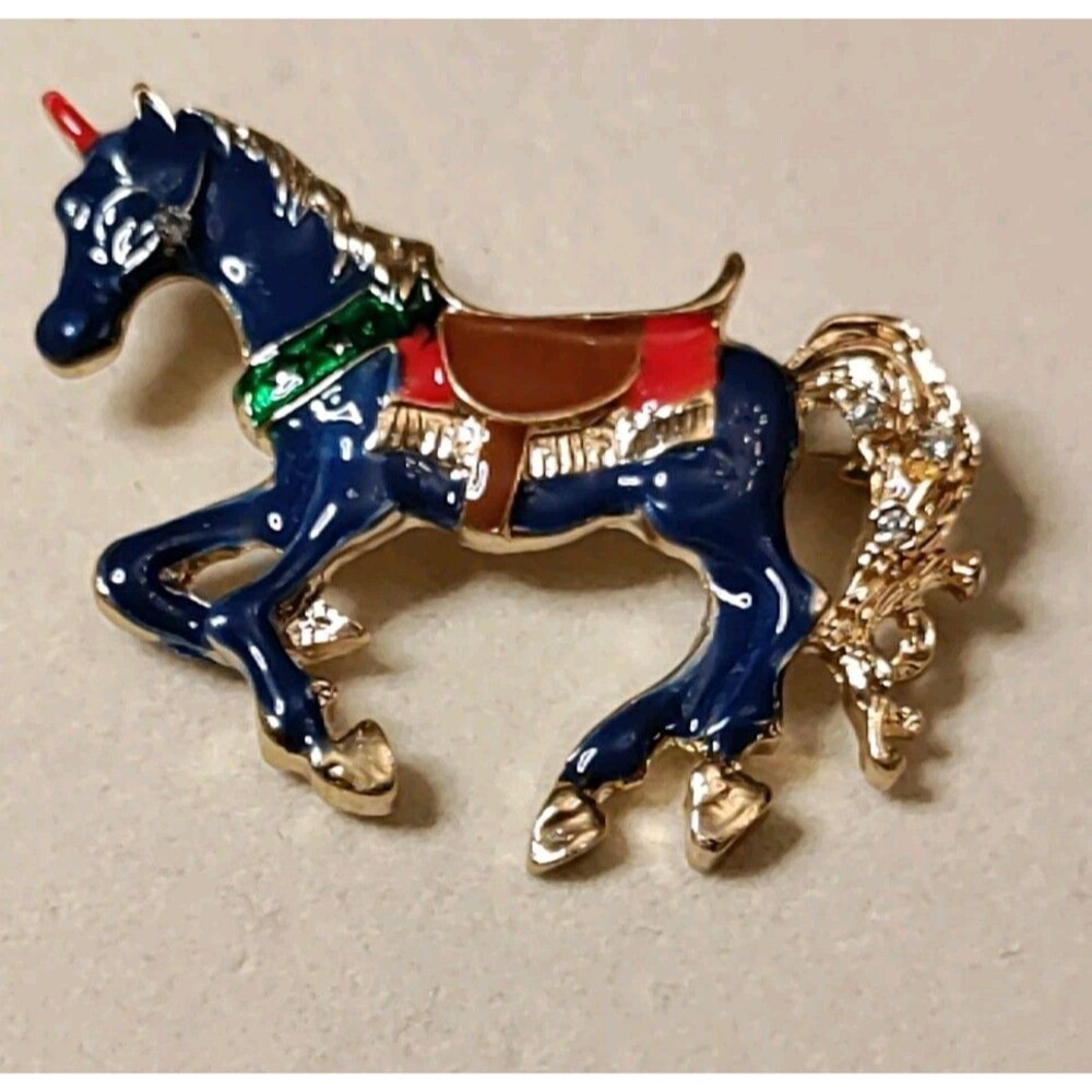 Unicorn Carousel Horse Brooch Pin Enamel Gold Tone 2” Prancing Blue